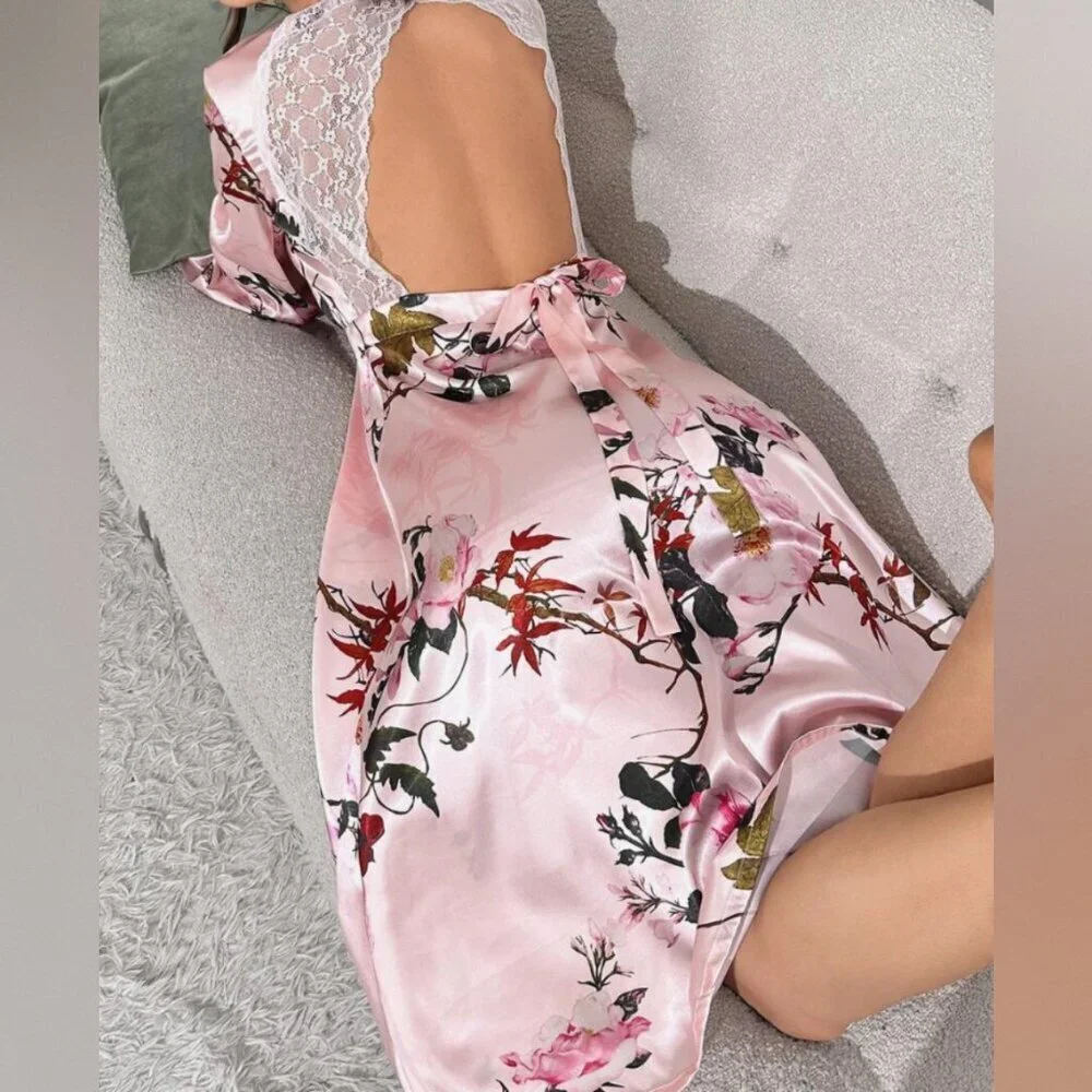 Floral Print Backless Belted Satin Robe
